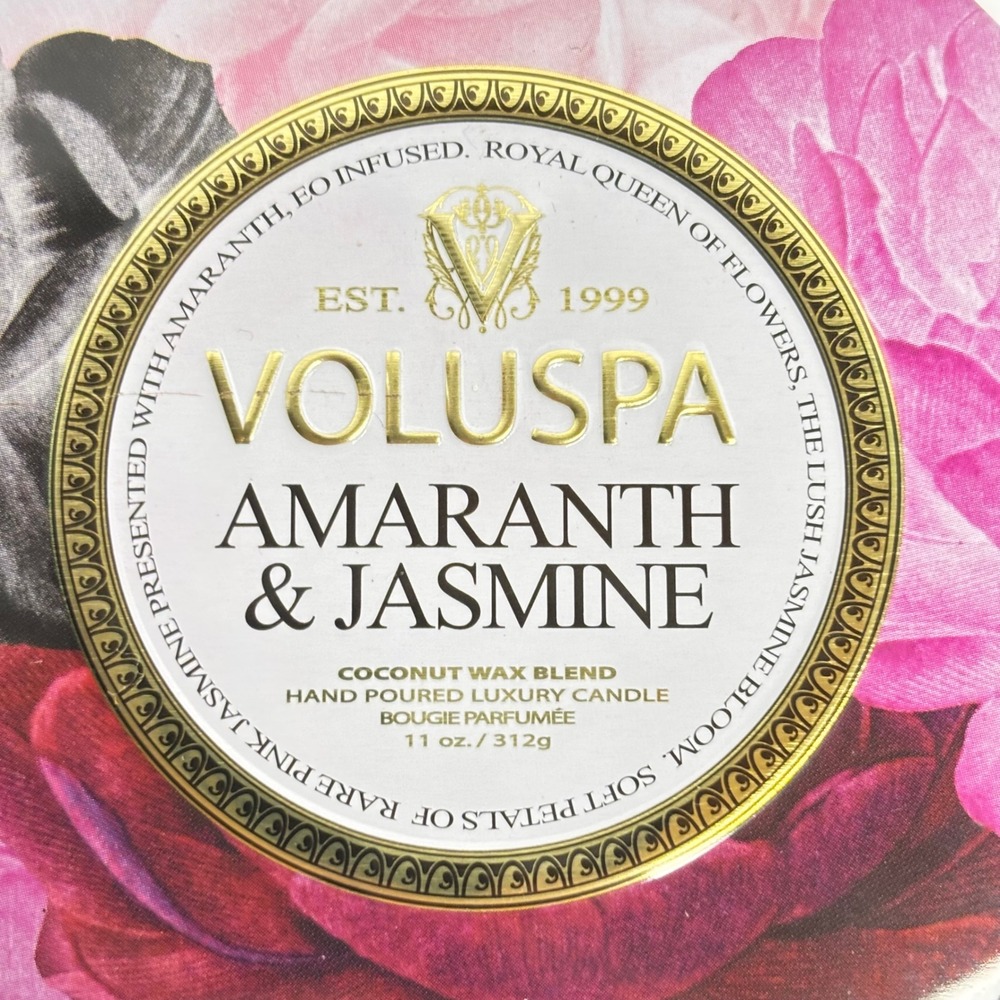 Voluspa Amaranth & Jasmine Candle 11oz 2 Wick Coconut Wax Blend Luxury Tin New - Picture 2 of 5